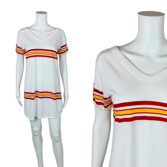 Vintage 70s Red Yellow Striped Tunic Tee V-neck T-Shirt B 37" - Picture 1 of 11
